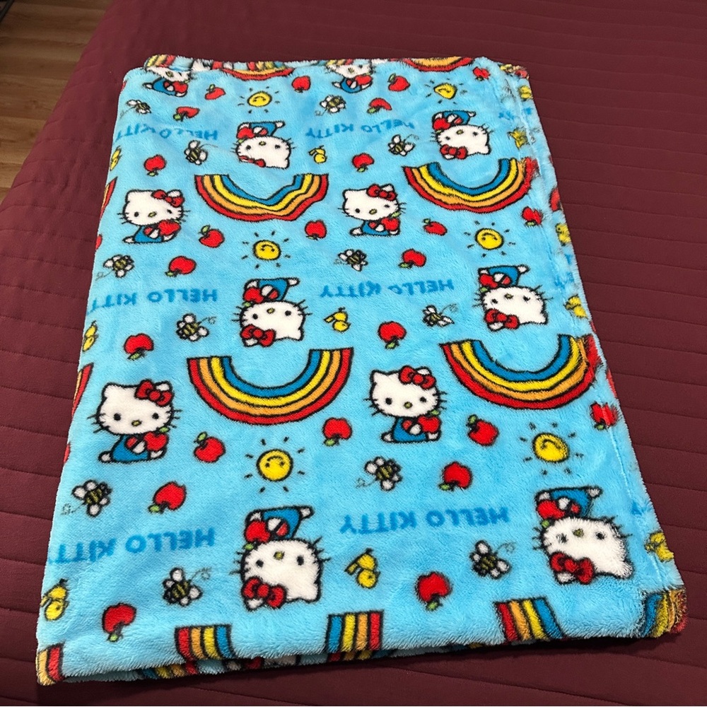 Hello kitty plush faux fur blue rainbow throw blanket 50x70